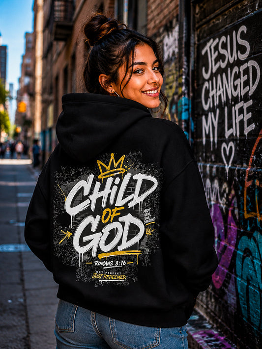 Woman wearing Child of God Christian hoodie in urban streetwear setting